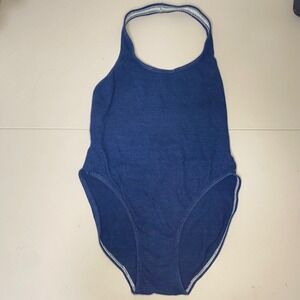 Vintage Armani Jeans Blue Denim Look Halter Neck One Piece Swimsuit Size M